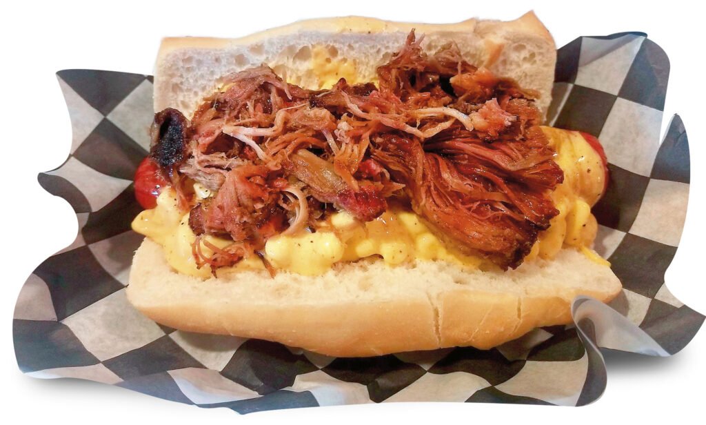 Rebel Fire BBQ Nathan Hot Dog The Mac Daddy Hot Dog Topped With Smoked Mac N Cheese And Pulled Pork_cropped